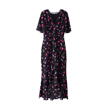 Suknelės Moterims 2023 Satino Drabužių Femme 100% Mulberry Šilkas V-kaklo Lapų Rožių Gėlių Gėlių Spausdinti Kietas Paplūdimio Sijonas